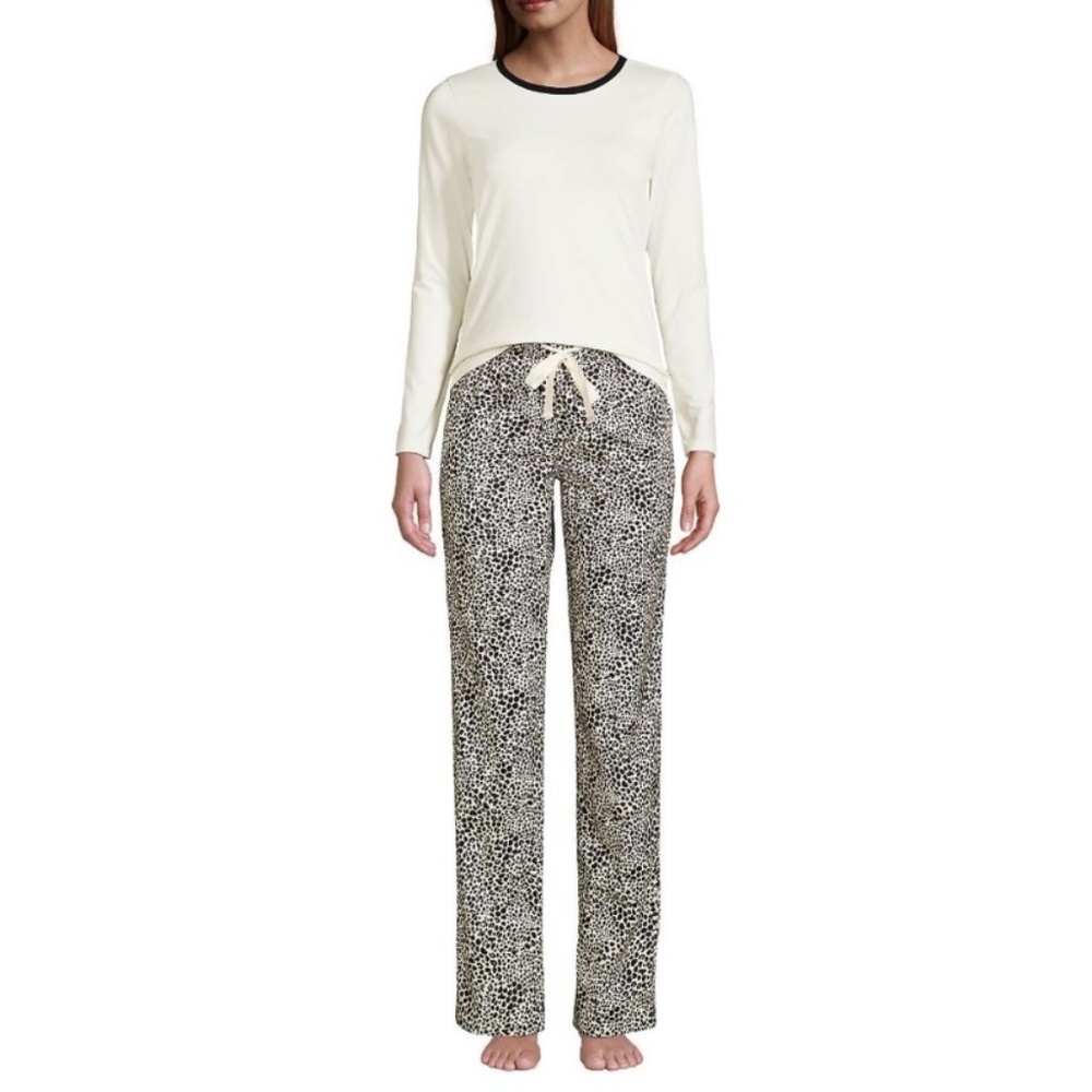LANDSEND Womens Pajama Set Knit Long Sleeve Top and Flannel Pants Leopard Print